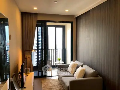 Modern living room with balcony view in high-rise apartment