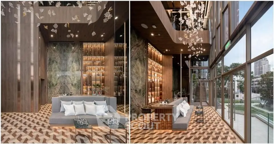 Luxurious modern living room with high ceilings, elegant decor, and large windows offering stunning views.