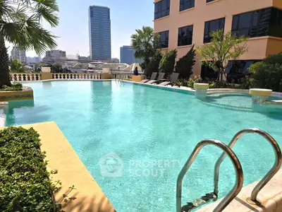 Luxurious rooftop pool with city skyline view and lush greenery