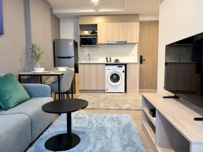 Modern living room with open kitchen, featuring washing machine and stylish decor.