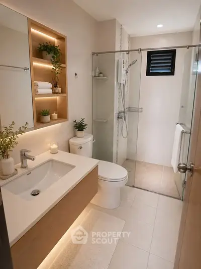 Modern bathroom with sleek design, glass shower, and elegant lighting.