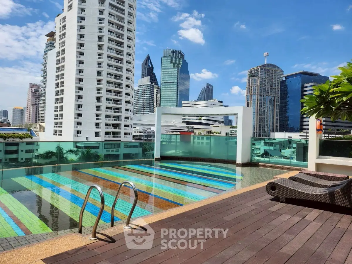 Luxurious rooftop pool with stunning city skyline views in modern high-rise building.