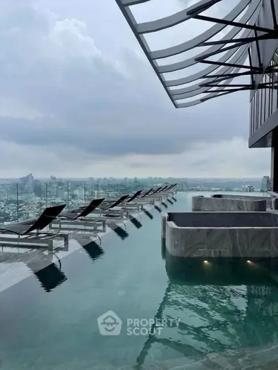Luxurious rooftop infinity pool with stunning city skyline view, perfect for relaxation and leisure.