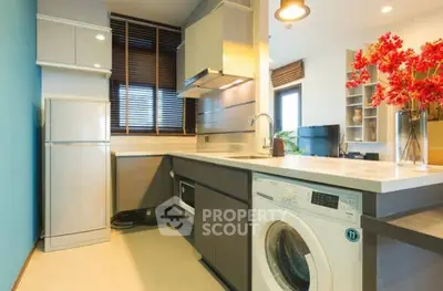Modern kitchen with washing machine and sleek appliances in stylish apartment
