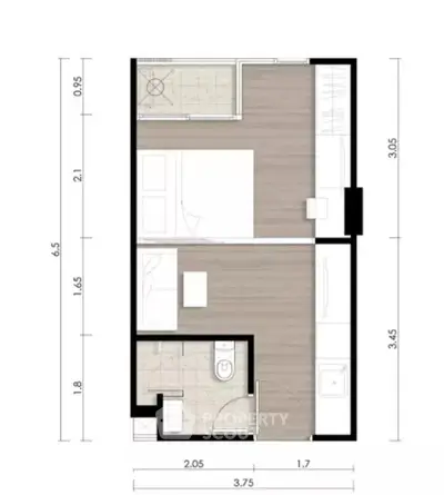 Modern apartment floor plan with efficient layout and stylish design, featuring bedroom, bathroom, and open living area.