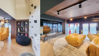 Modern living room with unique decor and plush seating