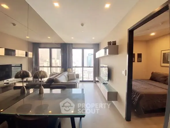 Modern living room with city view and adjacent bedroom in luxury apartment