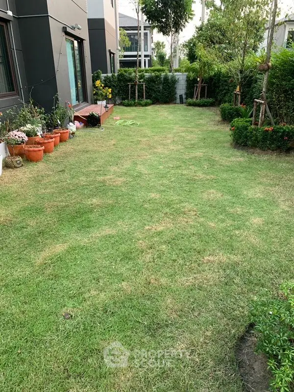 Spacious garden area with lush greenery and potted plants, ideal for outdoor activities.
