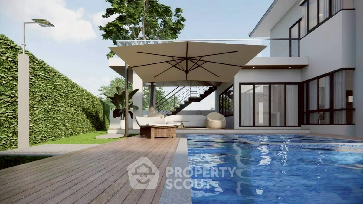 Luxurious modern home with poolside patio and lush greenery, perfect for relaxation and entertainment.