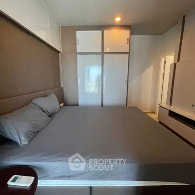 Modern bedroom with sleek built-in wardrobe and cozy bedding