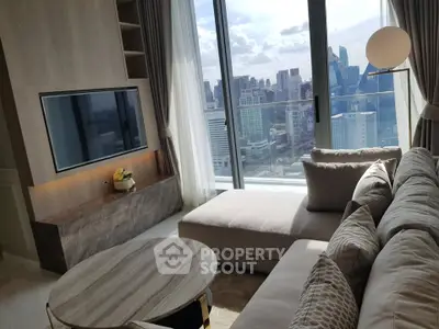 Luxurious living room with stunning city view and modern decor
