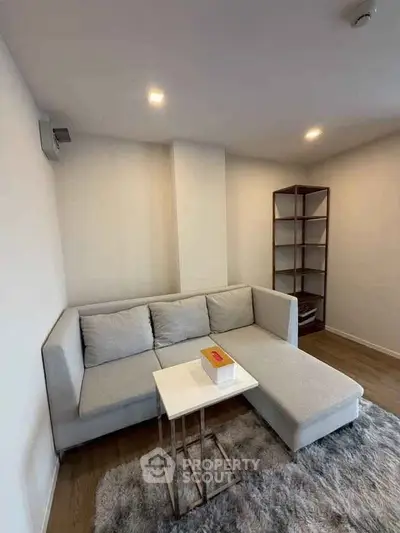Modern living room with cozy gray sectional sofa and stylish rug