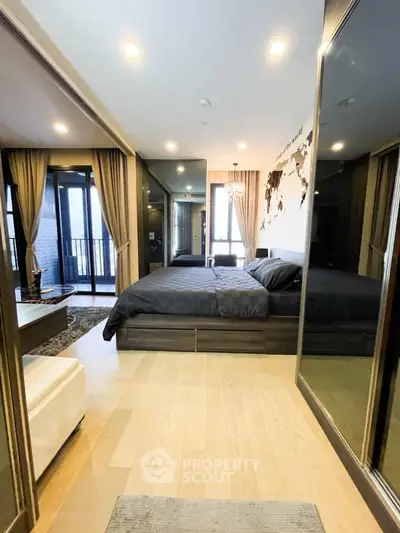 Luxurious modern bedroom with balcony and stylish decor