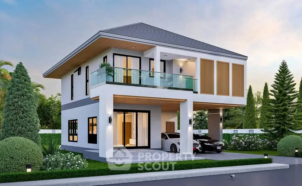 Modern two-story house with glass balcony and landscaped garden