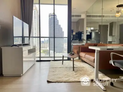 Modern living room with city view, featuring sleek furniture and floor-to-ceiling windows.