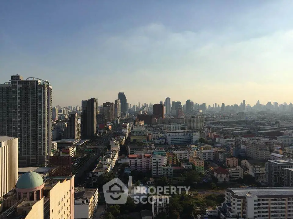 Stunning cityscape view showcasing urban skyline and high-rise buildings at sunset.