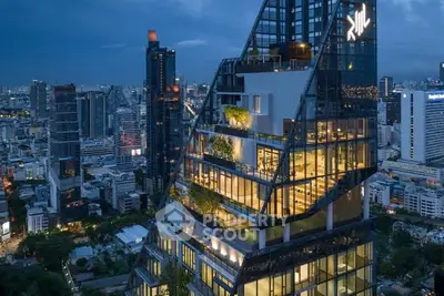 Stunning modern skyscraper with unique architecture and cityscape view at dusk.
