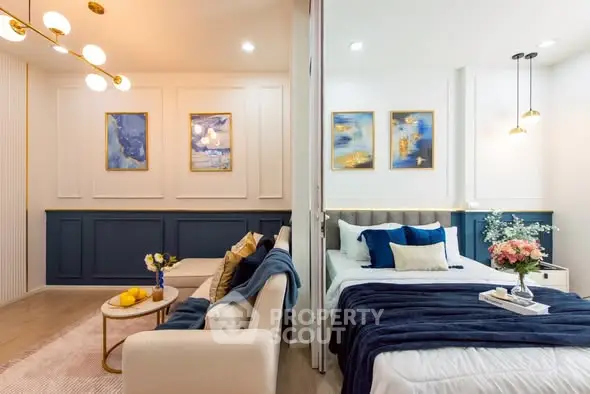 Elegant modern bedroom with cozy living area, stylish decor, and ambient lighting.