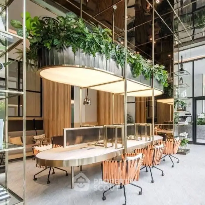 Luxurious modern co-working space with elegant design and lush greenery accents.