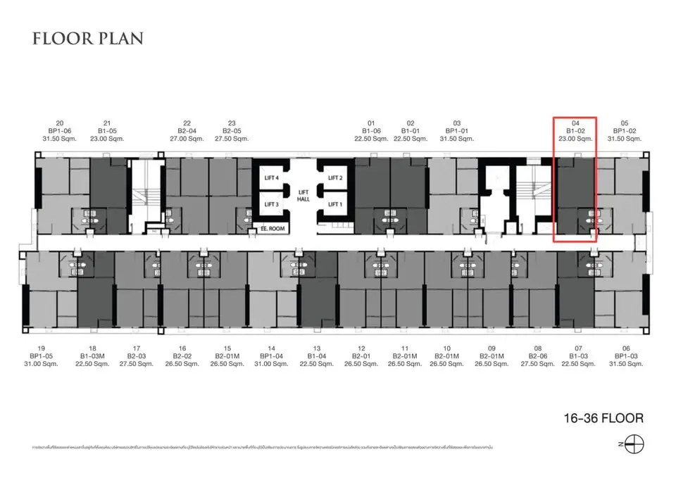 Detailed floor plan of a modern residential building with unit layouts and measurements.