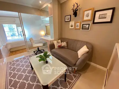 Chic modern living room with cozy sofa and stylish decor in urban apartment.