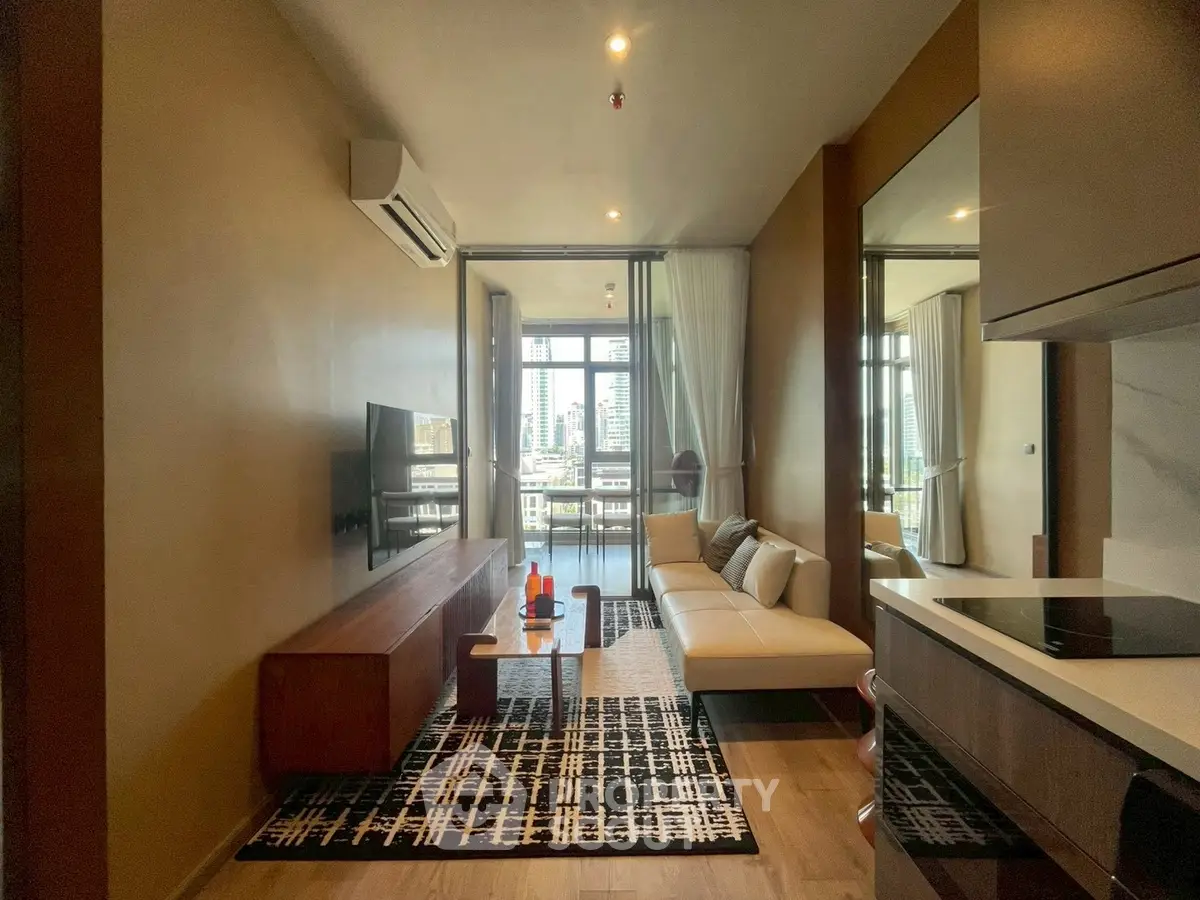 Modern living room with city view and stylish decor