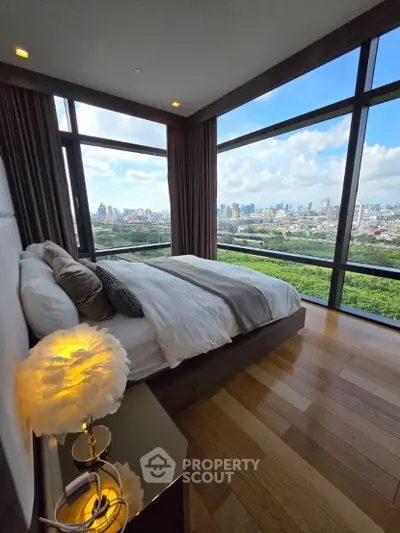 Luxurious bedroom with stunning city view and modern decor