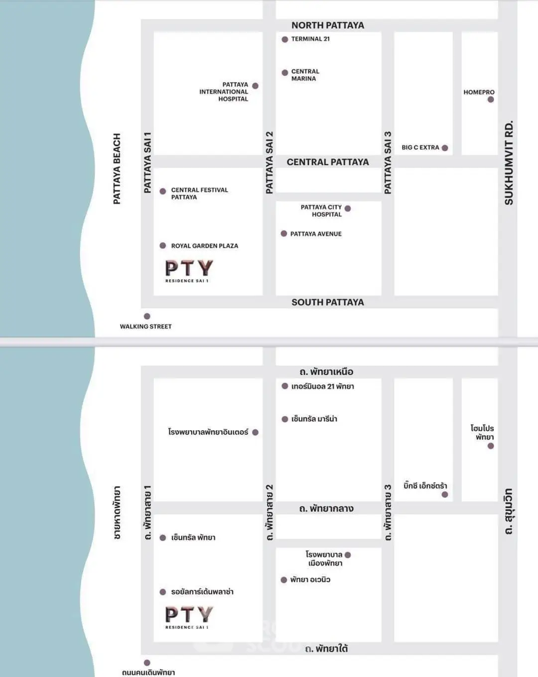 Map of Pattaya showing key locations and landmarks for real estate exploration.