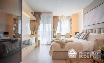 Elegant studio apartment with seamless bedroom to living space design, modern furnishings, and ample natural light.