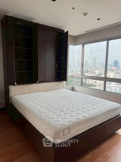 Spacious bedroom with city view and modern furnishings