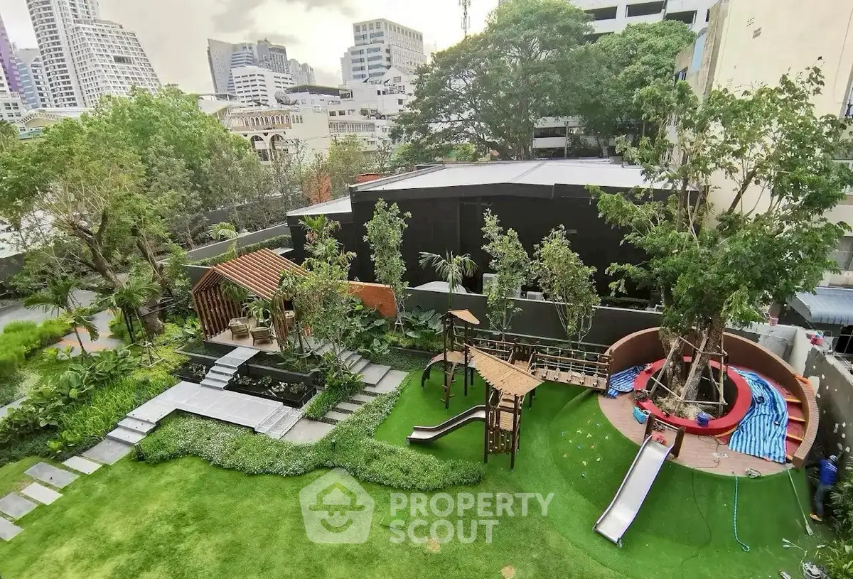 Stunning urban garden with playground in a modern cityscape setting.