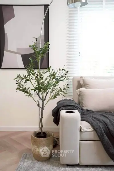 Stylish living room with modern decor, featuring a cozy sofa and elegant potted plant.