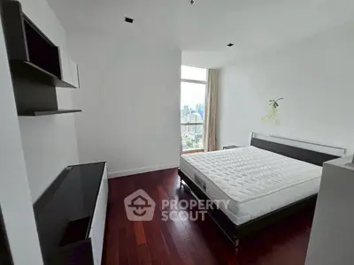 Spacious modern bedroom with city view and sleek furniture