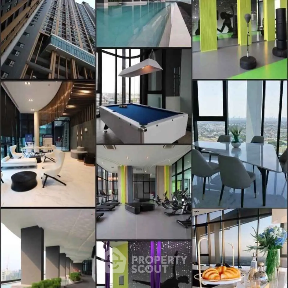 Luxurious high-rise building with pool, gym, and stunning city views