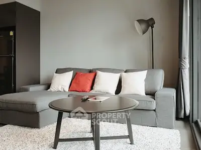 Modern living room with stylish gray sofa and chic decor