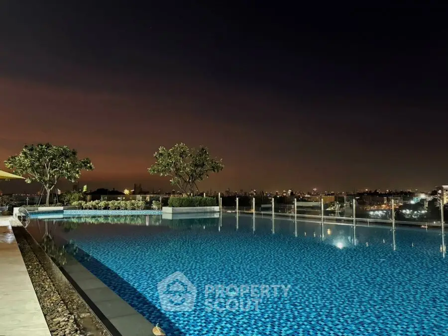 Luxurious rooftop pool with stunning city skyline view at night