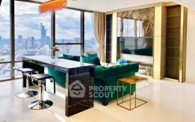 Luxurious modern living room with stunning city view, elegant furnishings, and floor-to-ceiling windows.