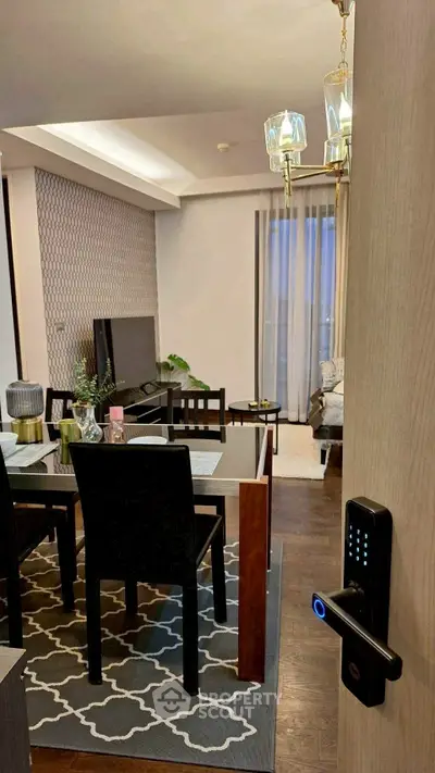 Modern living room with stylish decor and smart lock entry
