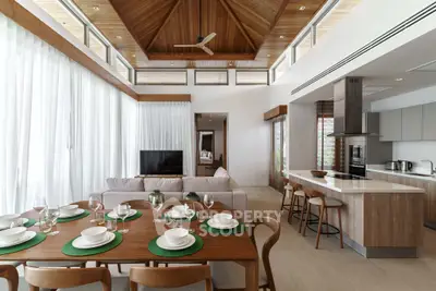 Luxurious open-plan living and dining area with high wooden ceiling and modern kitchen.