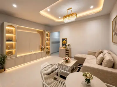 Luxurious living room with elegant lighting and plush furniture, perfect for relaxation and entertainment.