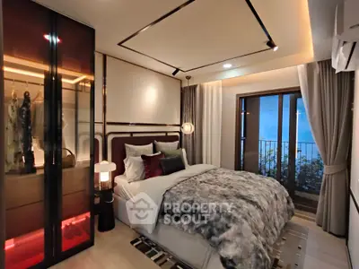 Luxurious bedroom with modern decor and balcony view