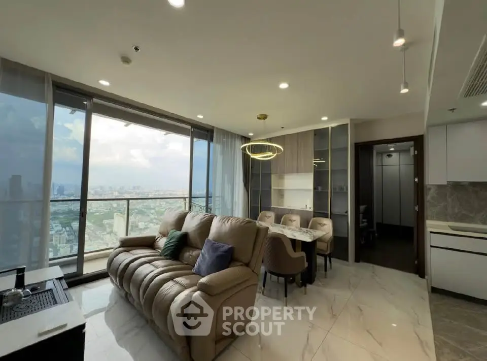 Luxurious living room with panoramic city view and modern furnishings