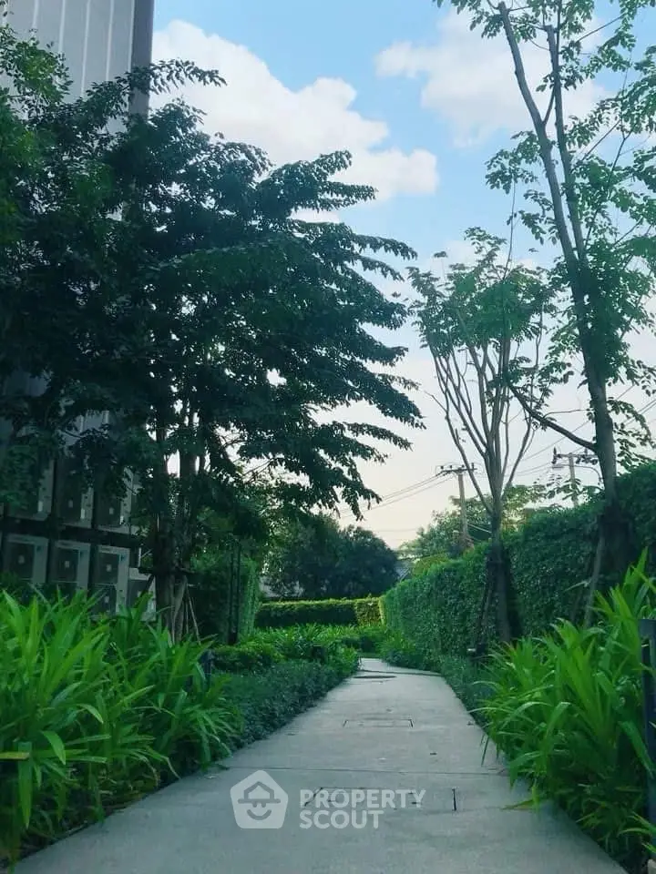 Serene garden pathway with lush greenery and clear blue sky, perfect for tranquil living.
