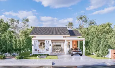 Charming modern house with sleek design, lush greenery, and spacious driveway, perfect for contemporary living.