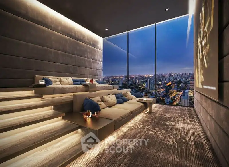 Luxurious home theater with panoramic city view and plush seating