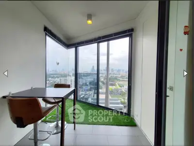 Modern corner unit with panoramic city view and stylish interior design.