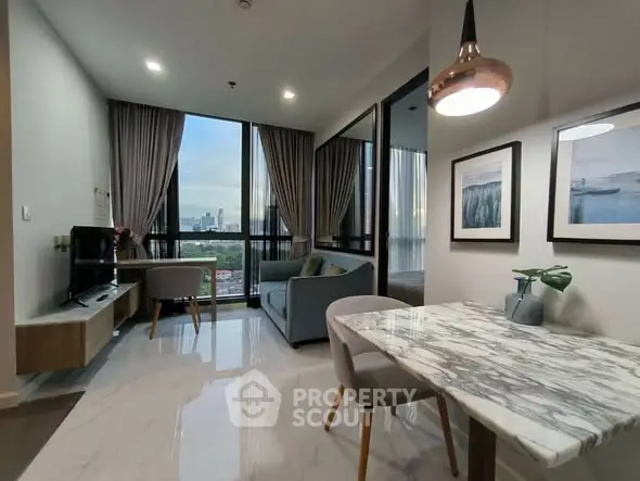 Modern living room with marble dining table and city view