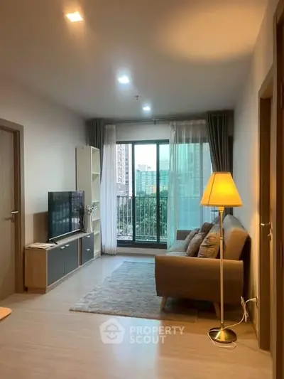 Modern living room with cozy sofa and city view balcony in urban apartment