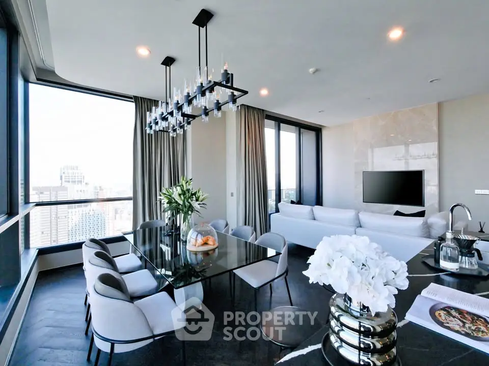 Luxurious modern living room with panoramic city views and elegant dining area.