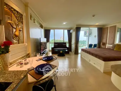 Luxurious open-plan living room with stunning view and elegant decor